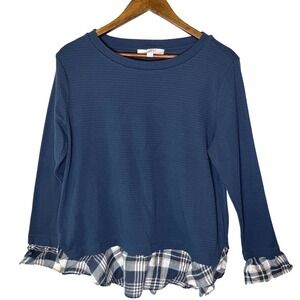 Loft Navy Blue Ribbed Mixed Media Plaid Trim Top Womens Large Long Sleeve L